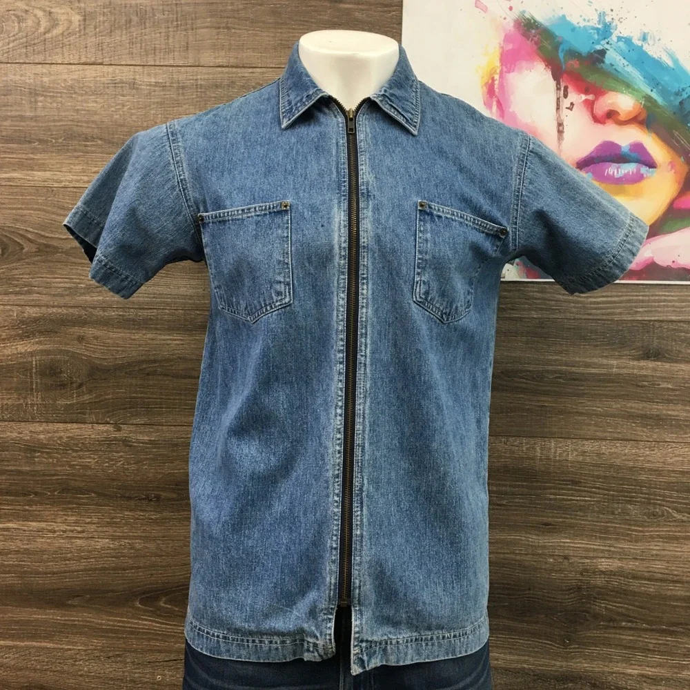 Vintage Denim Co Men's Y2K Medium M Short Sleeve Full‎ Zip Denim Shirt Blue